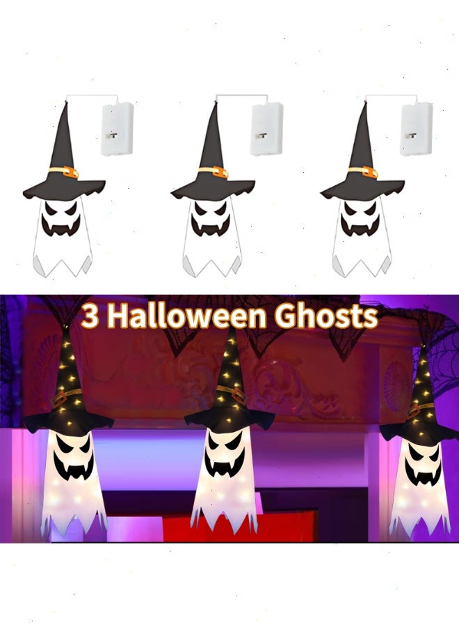 يواوليتي زينة عيد الهالوين، 3 قطع زينة عيد الهالوين مع أضواء وامضة، زينة قبعة ساحرة شبح متوهجة معلقة لزينة عيد الهالوين - Image 4