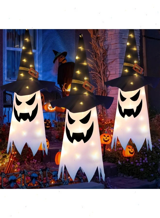 يواوليتي زينة عيد الهالوين، 3 قطع زينة عيد الهالوين مع أضواء وامضة، زينة قبعة ساحرة شبح متوهجة معلقة لزينة عيد الهالوين - Image 5