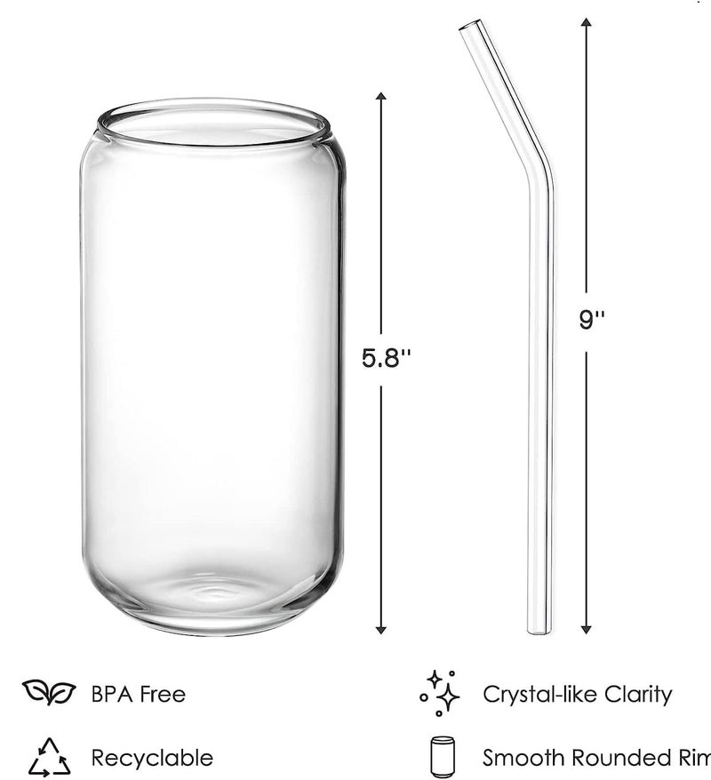 Drinking Glasses with Glass Straw Set of 6 500ml Beer Glasses Can Shaped Glass Cups Tumbler for Cold Coffee Smoothies Juice Soda Any Drink and Any Occasion  - Image 5