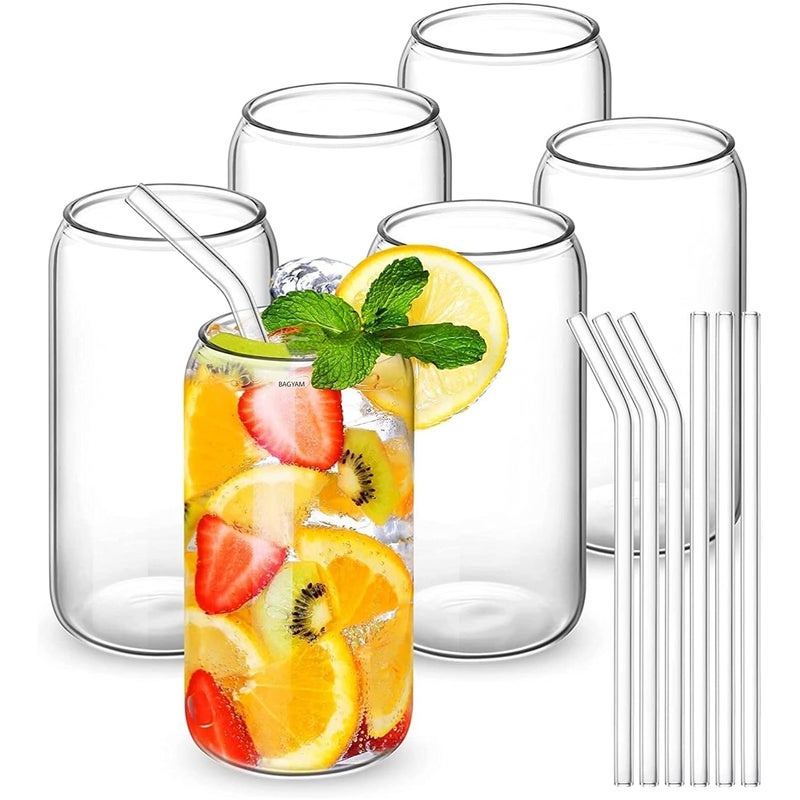 Drinking Glasses with Glass Straw Set of 6 500ml Beer Glasses Can Shaped Glass Cups Tumbler for Cold Coffee Smoothies Juice Soda Any Drink and Any Occasion  - Image 1