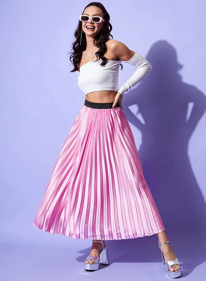 StyleStone  Stylestone Satin Pink Pleated A-Line Midi Skirt for Women | Best Price UAE