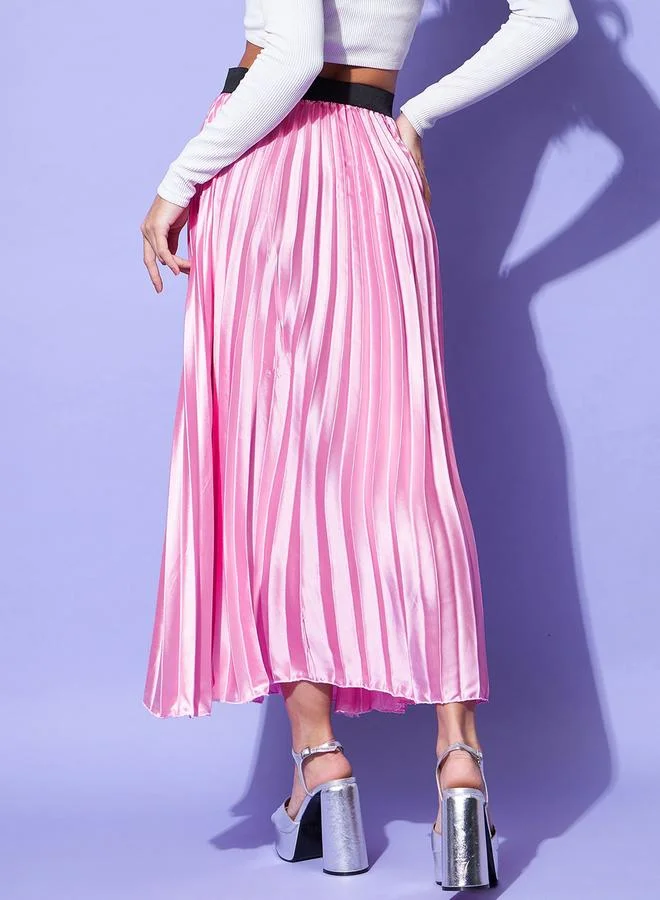 StyleStone  Stylestone Satin Pink Pleated A-Line Midi Skirt for Women | Best Price UAE