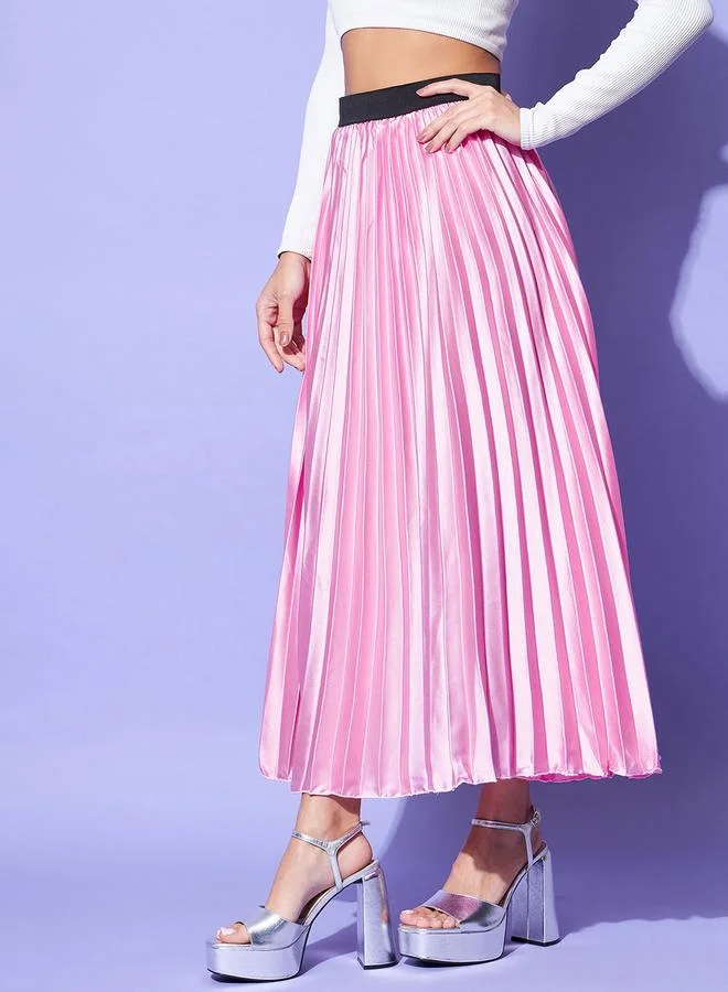 StyleStone  Stylestone Satin Pink Pleated A-Line Midi Skirt for Women | Best Price UAE