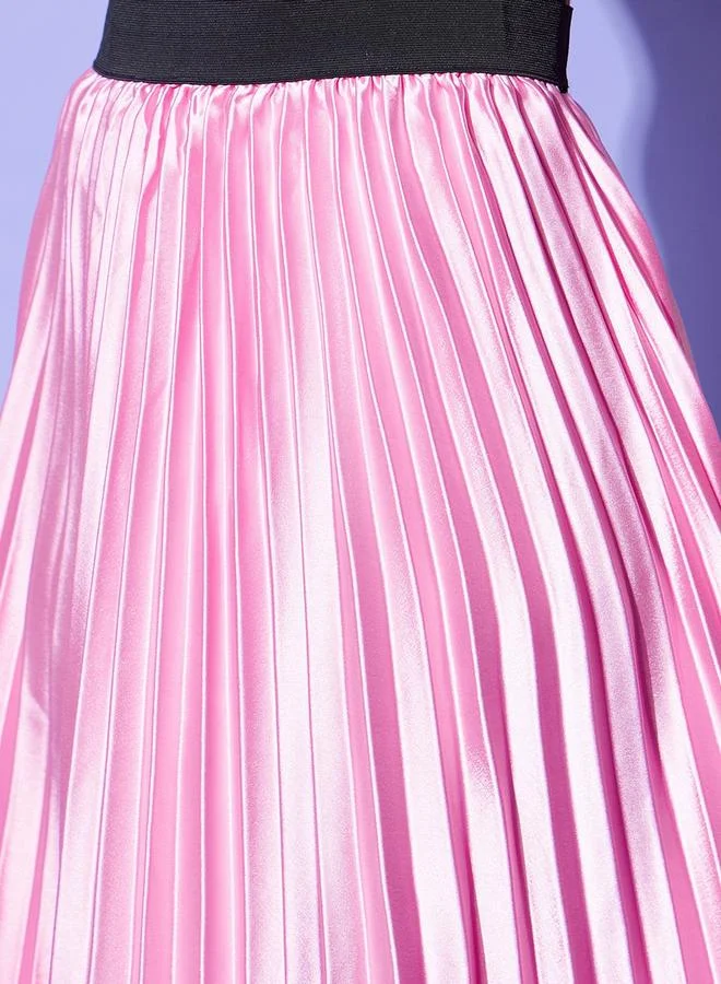 StyleStone  Stylestone Satin Pink Pleated A-Line Midi Skirt for Women | Best Price UAE
