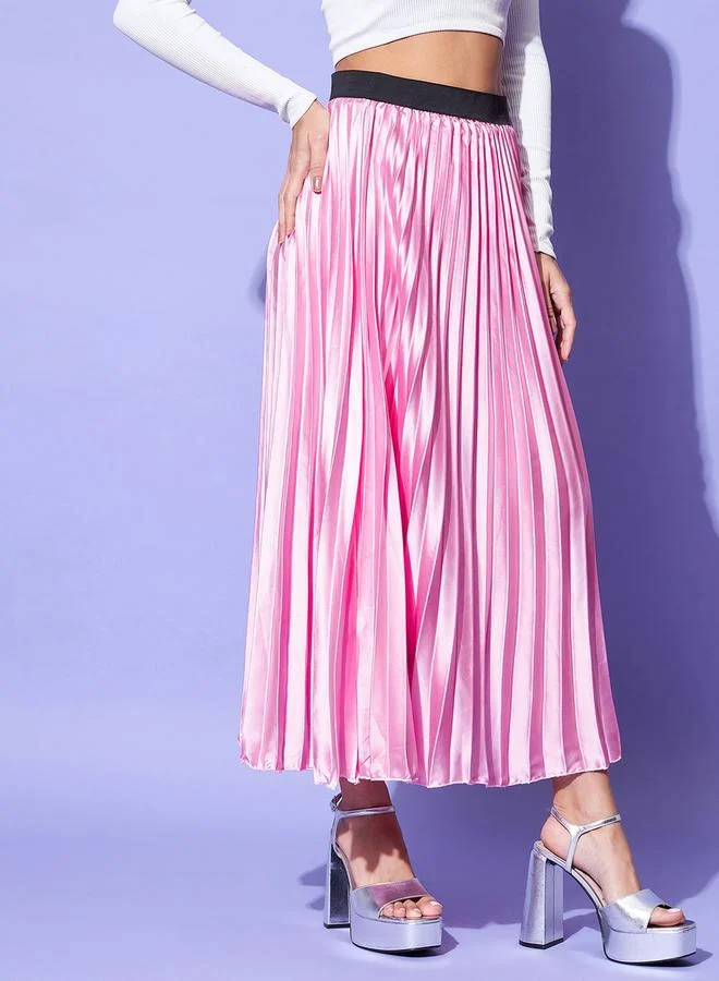 StyleStone  Stylestone Satin Pink Pleated A-Line Midi Skirt for Women | Best Price UAE