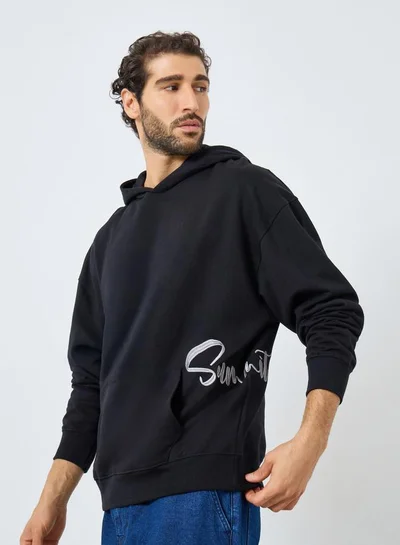 Styli Black Placement Print Oversized Hoodie