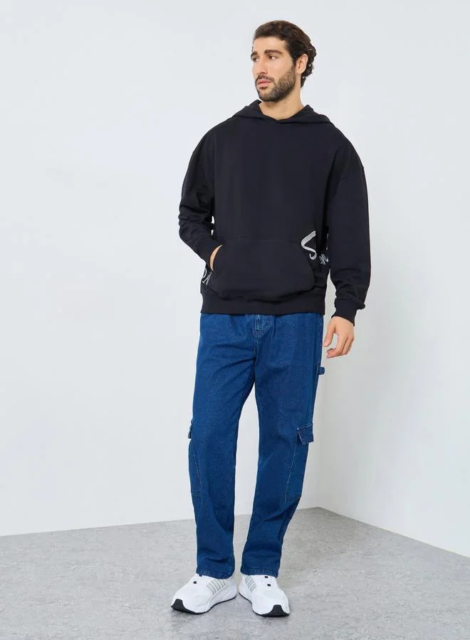Styli Black Placement Print Oversized Hoodie