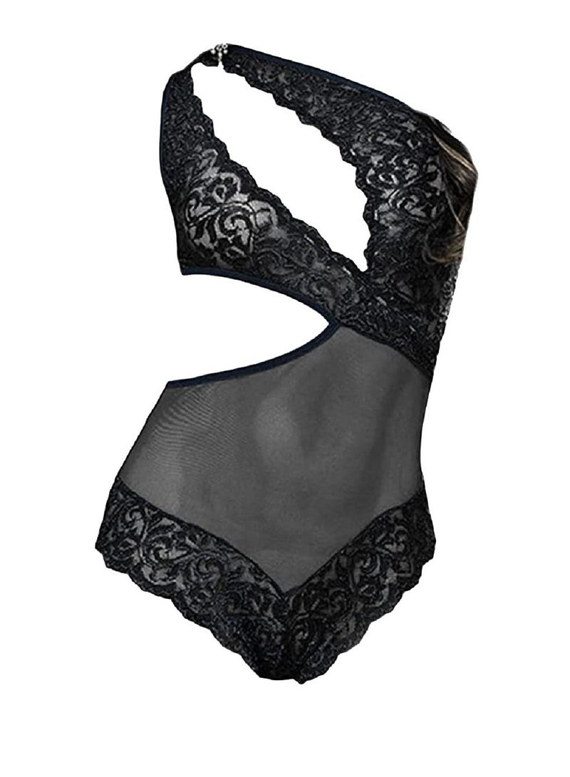 Women Lace Gauze One Shoulder Nightwear Bodysuit Lingerie - Image 1