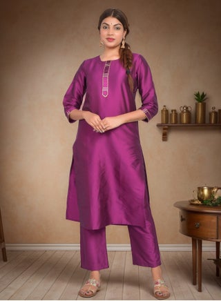 Women Purple Kurti with Pant Set 3/4 Sleeves Kurta Pant Set Art Silk (Plain Taffeta) Size S - pzsku/Z13893C02B38D00377A53Z/45/_/1740571275/1f125d15-1cfa-4e47-b605-3ff0582ad407
