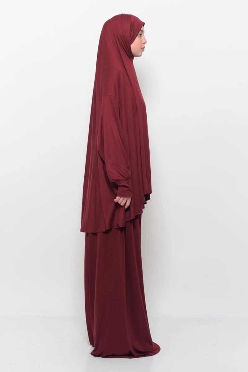 التوبة Practical Two Piece Cotton Bat Sleeve Organic Hijab Prayer Dress with Headscarf - Dark Claret Red