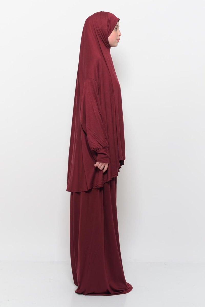 Altobeh Practical Two Piece Cotton Bat Sleeve Organic Hijab Prayer Dress with Headscarf - Dark Claret Red  - Image 3