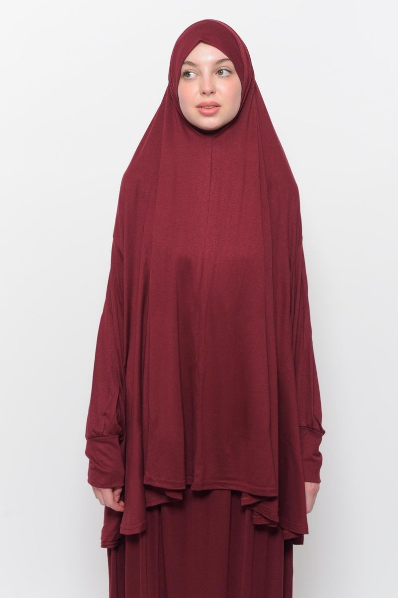 Altobeh Practical Two Piece Cotton Bat Sleeve Organic Hijab Prayer Dress with Headscarf - Dark Claret Red  - Image 2