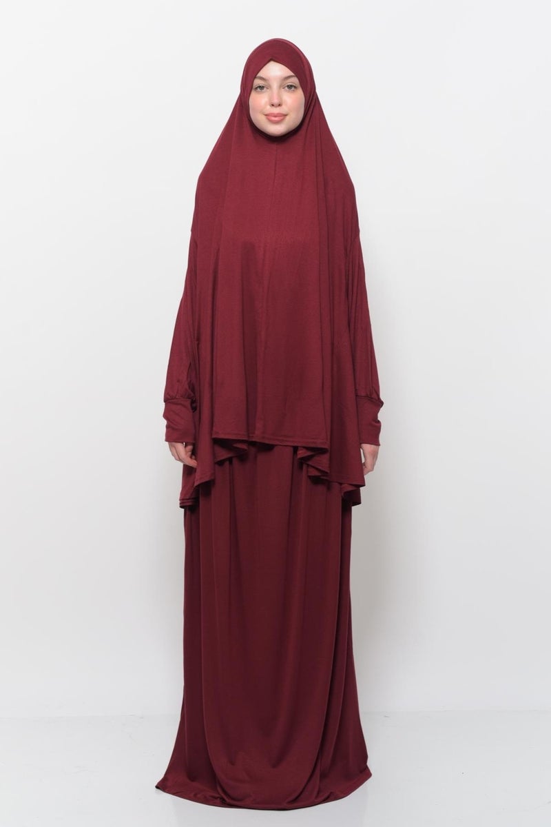 Altobeh Practical Two Piece Cotton Bat Sleeve Organic Hijab Prayer Dress with Headscarf - Dark Claret Red  - Image 1