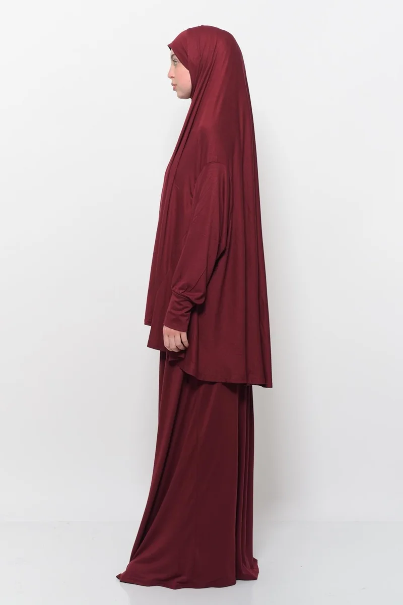 التوبة Practical Two Piece Cotton Bat Sleeve Organic Hijab Prayer Dress with Headscarf - Dark Claret Red