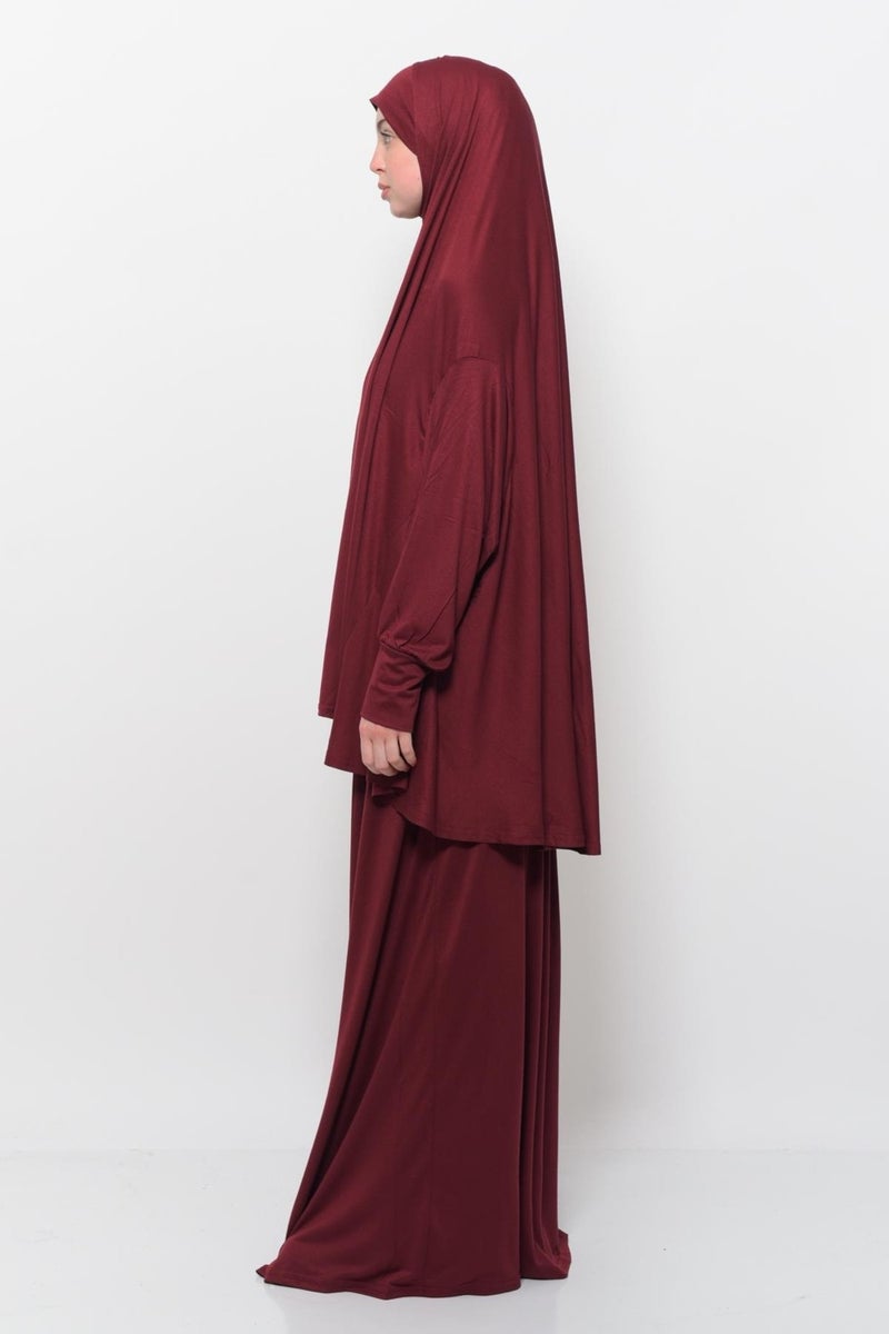 Altobeh Practical Two Piece Cotton Bat Sleeve Organic Hijab Prayer Dress with Headscarf - Dark Claret Red  - Image 4
