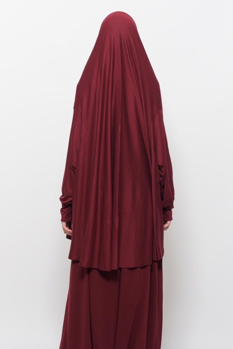 Altobeh Practical Two Piece Cotton Bat Sleeve Organic Hijab Prayer Dress with Headscarf - Dark Claret Red  - Image 5