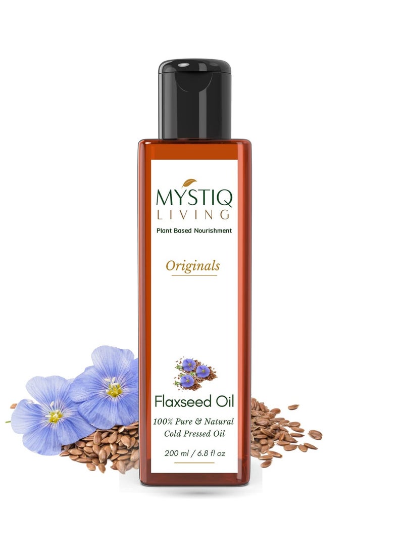 Mystiq Living Cold Pressed Flax Seed Oil with Omega 3 for Healthy Hair Skin Body 100% Pure Natural 200 ML - Image 1