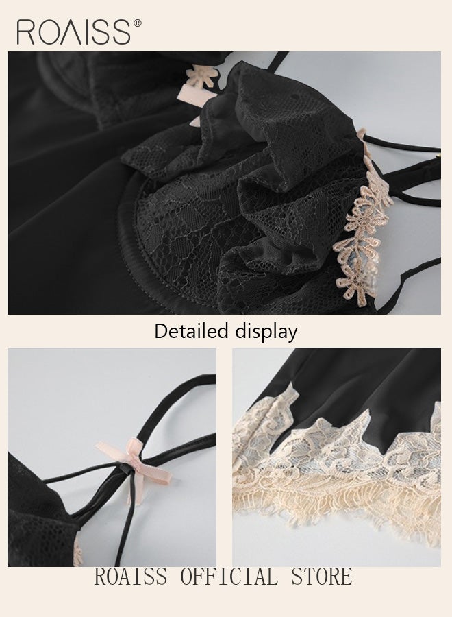 roaiss 2-Piece Set of Women Pajamas with V-Neck Design Women Home Wear Set Same Color Outer Robe and Lace Element Nightgown - Image 2