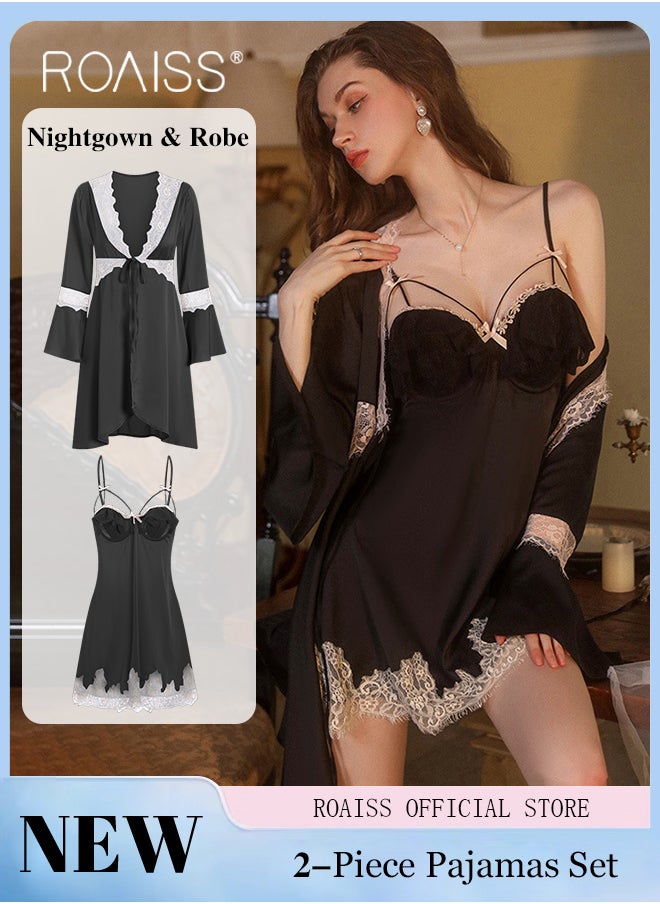 2-Piece Set of Women Pajamas with V-Neck Design Women Home Wear Set Same Color Outer Robe and Lace Element Nightgown - pzsku/Z1389609ED802CBBD22FFZ/45/_/1715571236/967acd08-3e54-4907-b0d9-d9d07c7c93b1