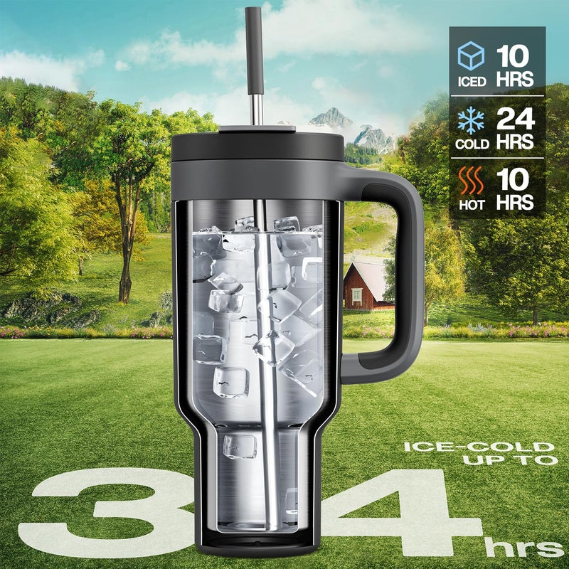 POWCAN 40 oz Tumbler with Handle, 2-in-1 Straw and Sip Lid, Leakproof, Dishwasher Safe, Insulated Stainless Steel Travel Coffee Mug, Keeps Cold for 34 Hours, Fits in Car Cup Holder (Midnight) - Image 2