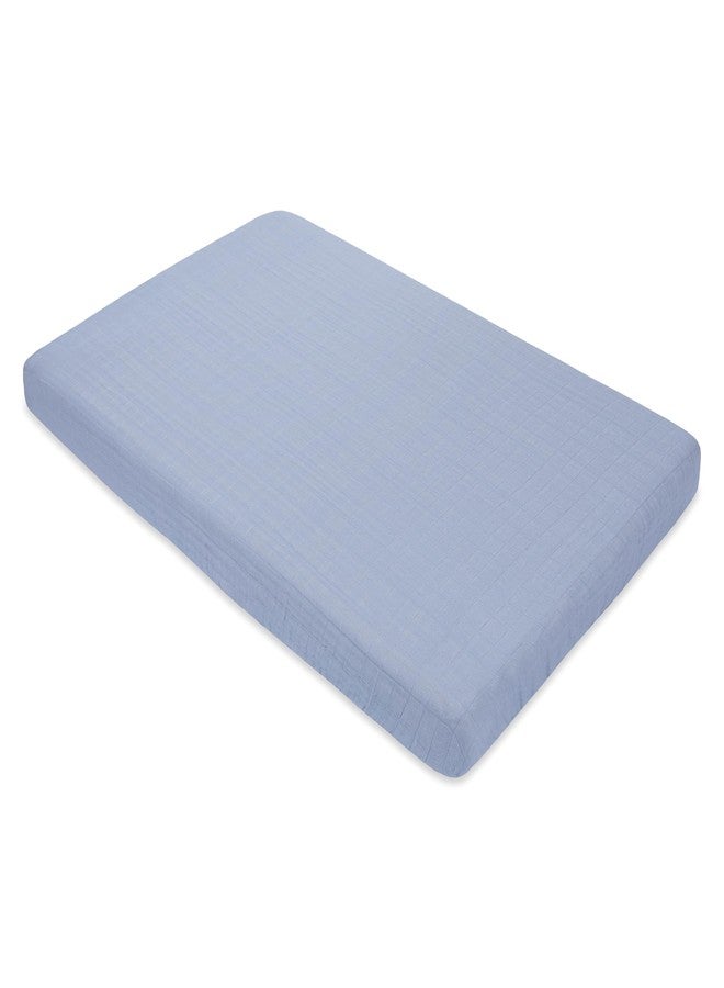 Babyletto 100% Organic Cotton Mini Crib Sheet, GOTS-Certified, Fitted 360°, Ultra-Soft and Breathable Muslin - Dewdrop Blue - Image 3