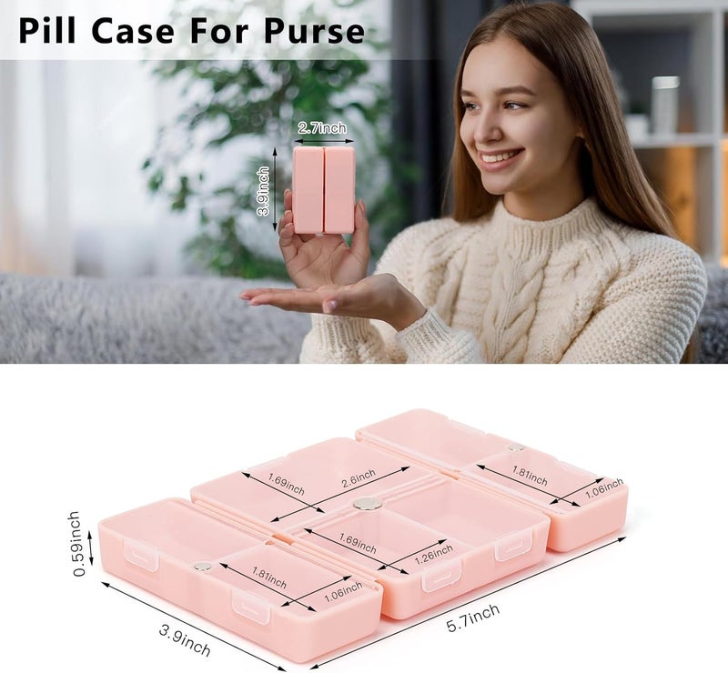 FYY 2 Pcs 7 Compartment Portable Pill Case, Folding Design Pill Box for Purse Pocket, Pink - Image 3