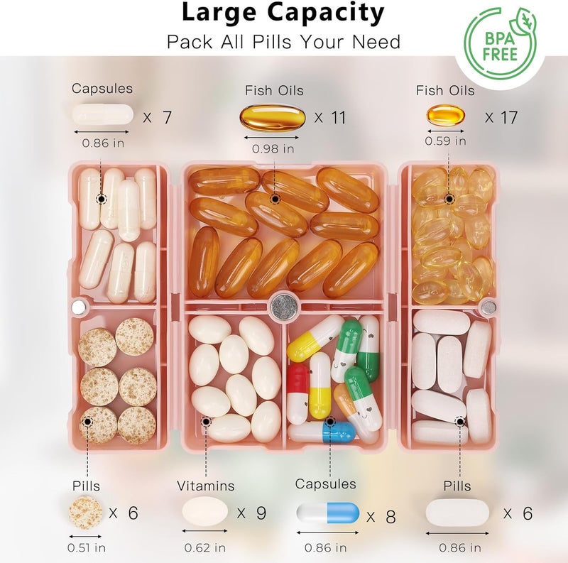 FYY 2 Pcs 7 Compartment Portable Pill Case, Folding Design Pill Box for Purse Pocket, Pink - Image 4