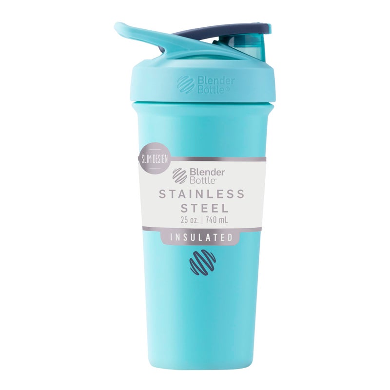 BlenderBottle Sport Sleek Insulated Stainless Steel Shaker Bottle with Wire Whisk 25Ounce Seafoam Protein Shakes Hydration for Athletes Fitness Enthusiasts Easy Mixing Slim Easy to Hold Keeps Drinks Cold Lockable Lid