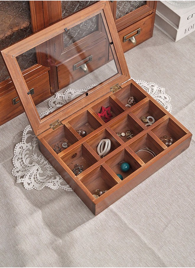 East Lady 12 Compartments Vintage Solid Wood Jewelry Box Storage Box Tea Bag Storage Box Glass Lid Wooden Box 26 * 19.5 * 6CM  - Image 1