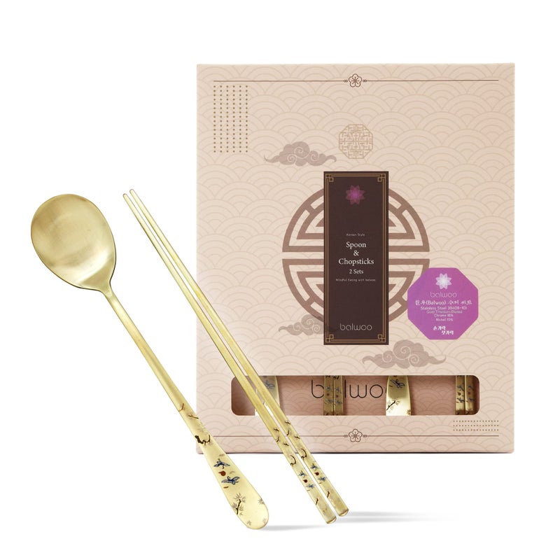 BALWOO 2 Sets Made in Korea Crane Painting Design Korean Table Sticky Rice Spoon and Chopsticks 304 Stainless Steel Gold Titanium Plated Mukbang Cutlery