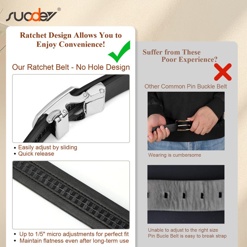 SUOSDEY Women Leather Ratchet Belt for Jeans Pants with Automatic Sliding Buckle, Adjustable Belt for Ladies, Width 1.2",black belt - Image 5