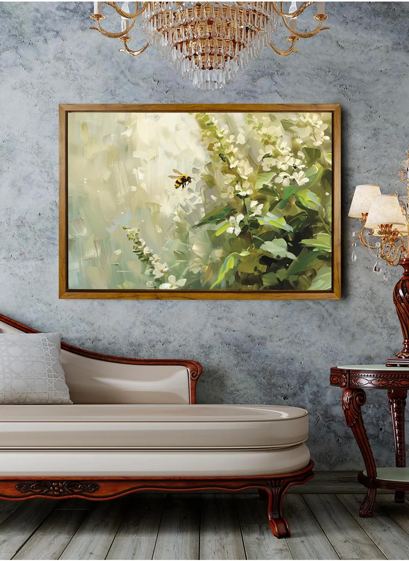 LOWHA Canvas Wall Art Stretched Over Wooden Frame with Wooden Color Floating Frame and Vintage Style Bee Flying Around The Flowers Painting