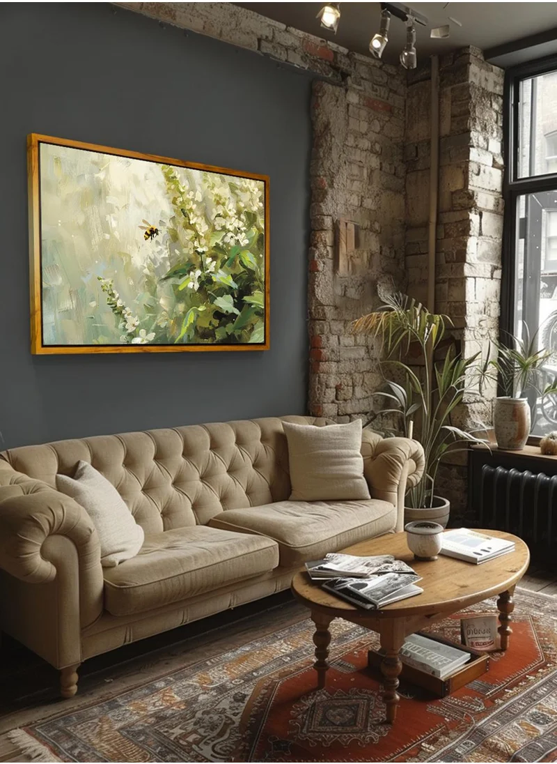 LOWHA Canvas Wall Art Stretched Over Wooden Frame with Wooden Color Floating Frame and Vintage Style Bee Flying Around The Flowers Painting