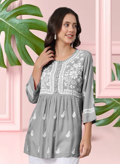 Alaya Women Hand Embroidered Chikankari Rayon Kurti-AL3696