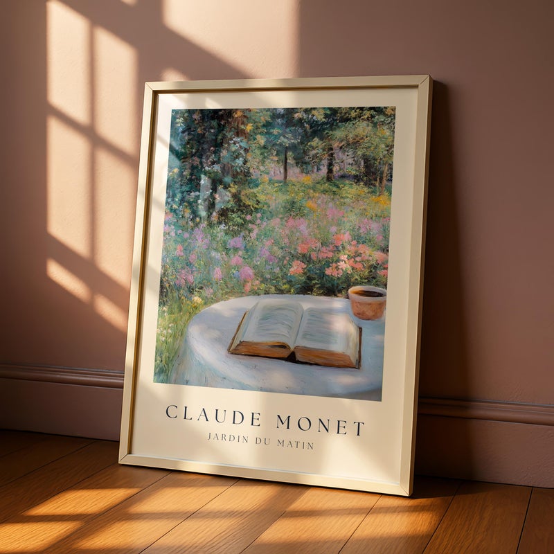 TNESSENTIAL Bookish Print Monet Garden Scene – Claude Monet Inspired Reader Wall Art, Floral Wall Art, Peaceful Spring Decor, Cottage Garden Art - Image 1