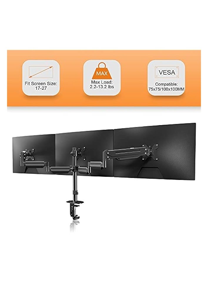 erorex Triple Monitor Stand Mount-Gas Spring Stand with Clamp and Grommet Base, Fully Adjustable Desk Mount Fits Three 17-27 inch LCD Computer Screens, Each Arm Holds up to 13.2lbs - Image 3