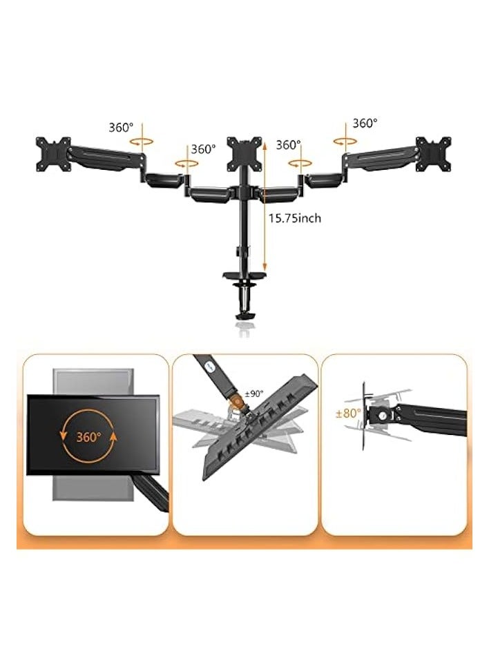 erorex Triple Monitor Stand Mount-Gas Spring Stand with Clamp and Grommet Base, Fully Adjustable Desk Mount Fits Three 17-27 inch LCD Computer Screens, Each Arm Holds up to 13.2lbs - Image 4