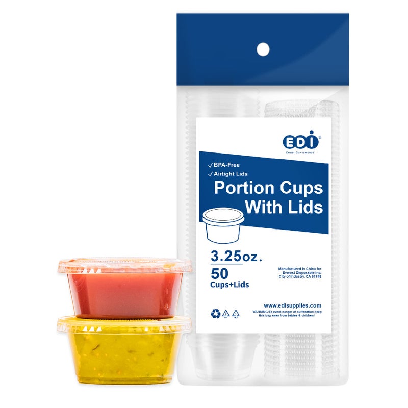 EDI Clear Disposable Plastic Portion Cups with Leakproof Lids  50 Sets 325 OZ BPA Free Recyclable  Jello Shot Condiment  Dipping Sauce Souffle Cups