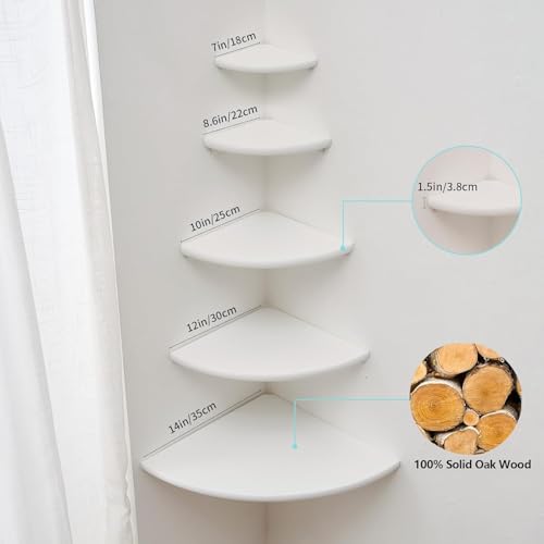 Conamily Corner Shelf, Solid Oak Wood Floating Corner Shelf Wall Mount Round End Floating Speaker Shelves with Wire Hole for Small Plant Photo Frame for Bedroom Kitchen, Living Room (White, 8.7in) - Image 5