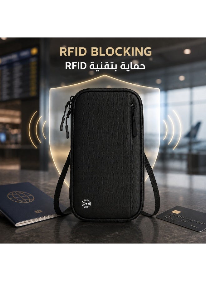 عِيشَالِي محفظة جواز سفر مع حماية RFID وتصميم متعدد الأقسام وخيارات حمل حول الرقبة وكروس وعلى المعصم، أسود - Image 2