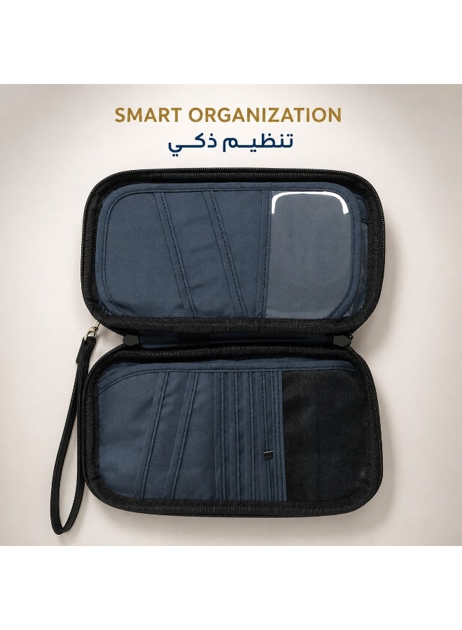 عِيشَالِي محفظة جواز سفر مع حماية RFID وتصميم متعدد الأقسام وخيارات حمل حول الرقبة وكروس وعلى المعصم، أسود - Image 3