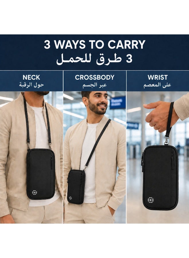 عِيشَالِي محفظة جواز سفر مع حماية RFID وتصميم متعدد الأقسام وخيارات حمل حول الرقبة وكروس وعلى المعصم، أسود - Image 4