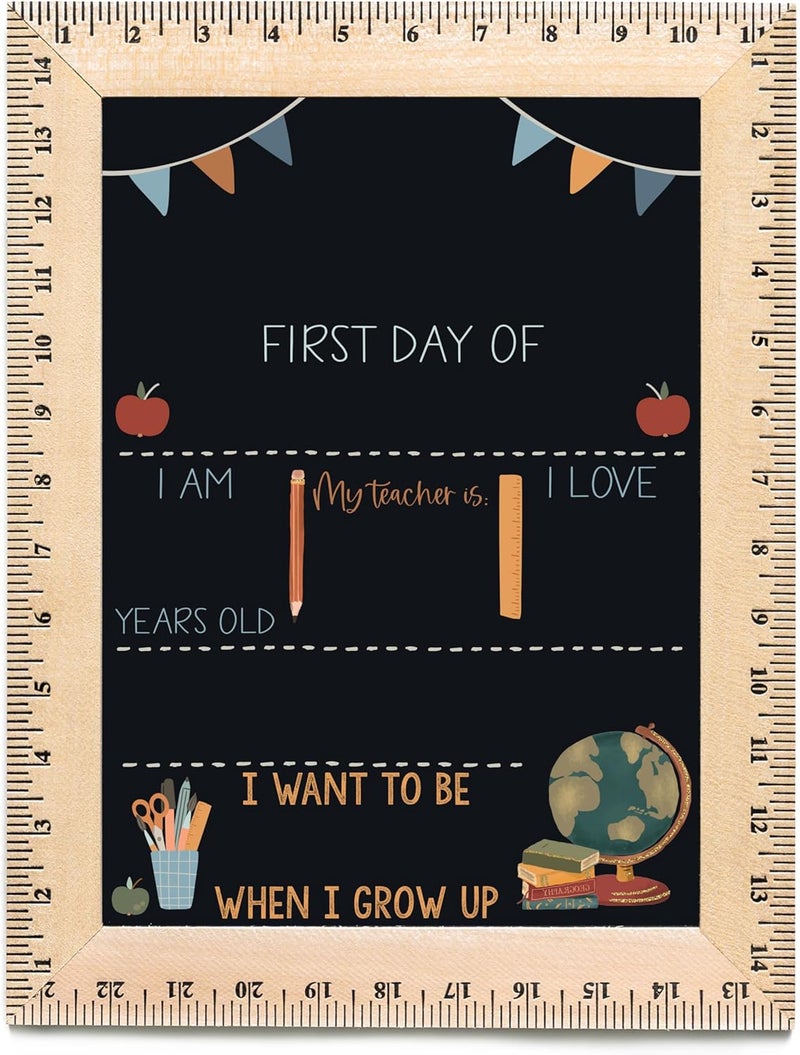 Bloom Owl First Day of School Chalkboard Sign - 11.5"x15" Reusable Back to School Photo Prop with Wooden Ruler Frame for Preschool, Kindergarten, and Beyond (Flags- Blue)