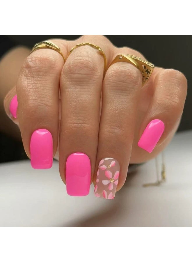 Goolsky أظافر ضغط مربعة قصيرة مع لون وردي ساخن وبريق زهور مشوشة - Image 4