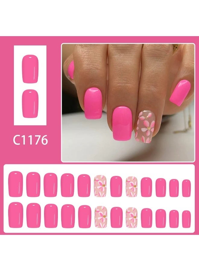 Goolsky أظافر ضغط مربعة قصيرة مع لون وردي ساخن وبريق زهور مشوشة - Image 1