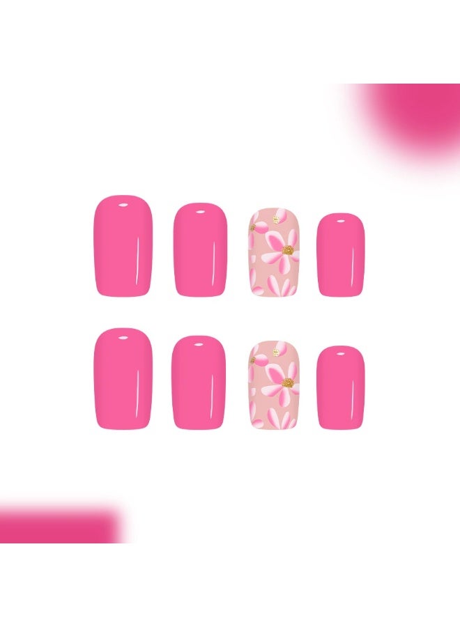 Goolsky أظافر ضغط مربعة قصيرة مع لون وردي ساخن وبريق زهور مشوشة - Image 3