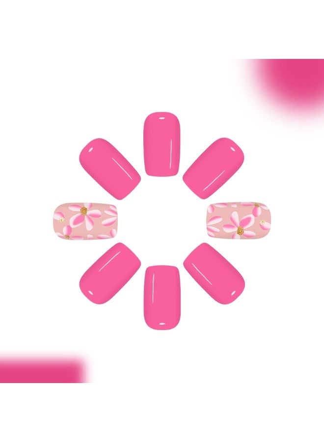 Goolsky أظافر ضغط مربعة قصيرة مع لون وردي ساخن وبريق زهور مشوشة - Image 2