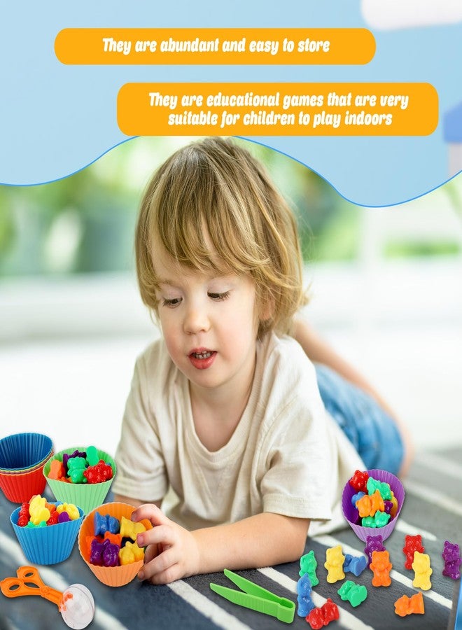 Feradny 120 Pcs Counting Sorting Bears Sensory Bin Tools Fine Motor Skills Includes 96 Cute Rainbow Sorting Bears 8 Tweezers 4 Scissors Clips and 12 Colorful Cups for Kid Early Skill Education - Image 2