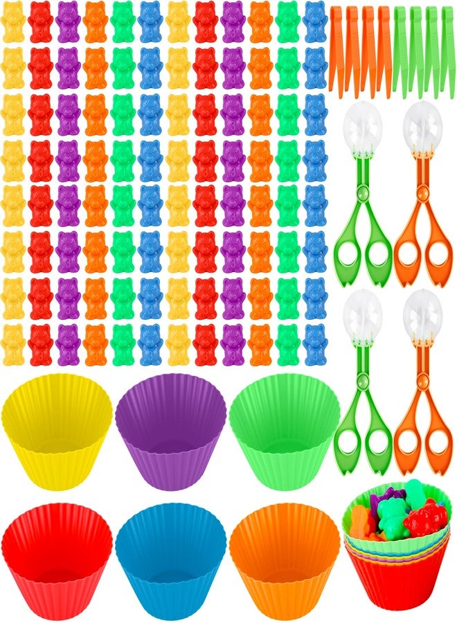 Feradny 120 Pcs Counting Sorting Bears Sensory Bin Tools Fine Motor Skills Includes 96 Cute Rainbow Sorting Bears 8 Tweezers 4 Scissors Clips and 12 Colorful Cups for Kid Early Skill Education - Image 1