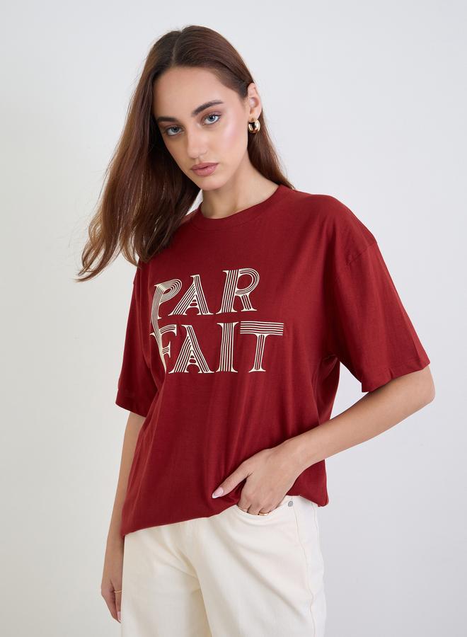 Styli Red Slogan Print Oversized T-Shirt - Image 1